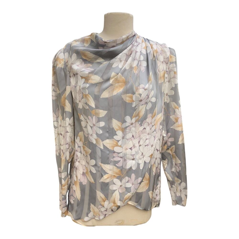 Vintage Hal Ferman Styled by Donald Curtis Blouse Gray Floral Keyhole Back Sz 14